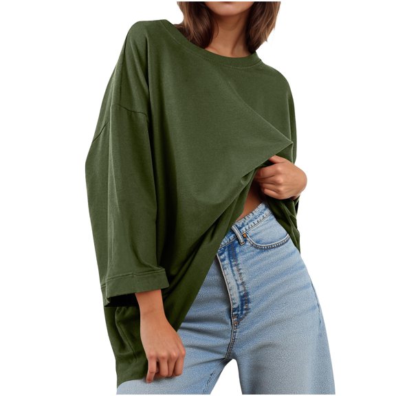 biudgviw 3/4 Length Sleeve Womens Tops Oversized Crew Neck Casual Shirts Comfy Soft Drop Shoulder Basic Tees Classic Outfits