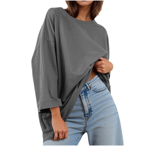 biudgviw 3/4 Length Sleeve Womens Tops Oversized Crew Neck Casual Shirts Comfy Soft Drop Shoulder Basic Tees Classic Outfits