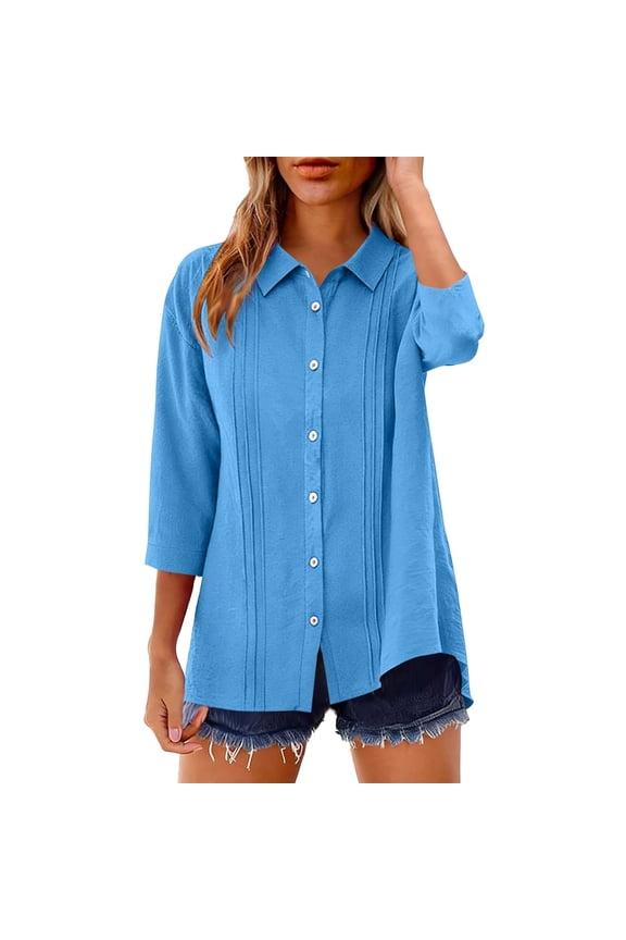 3/4 Sleeve Tops for Women Cotton Linen Button Down Beach Shirts Dressy Casual Blouse Pleated Collared Loose Vacation Tees