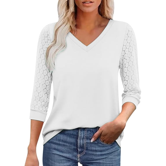 biudgviw 3/4 Sleeve Tops for Women Lace V Neck 3/4 Sleeve Soft Lightweight Shirts Loose Fit Plain Comfortable Tunic Blouses
