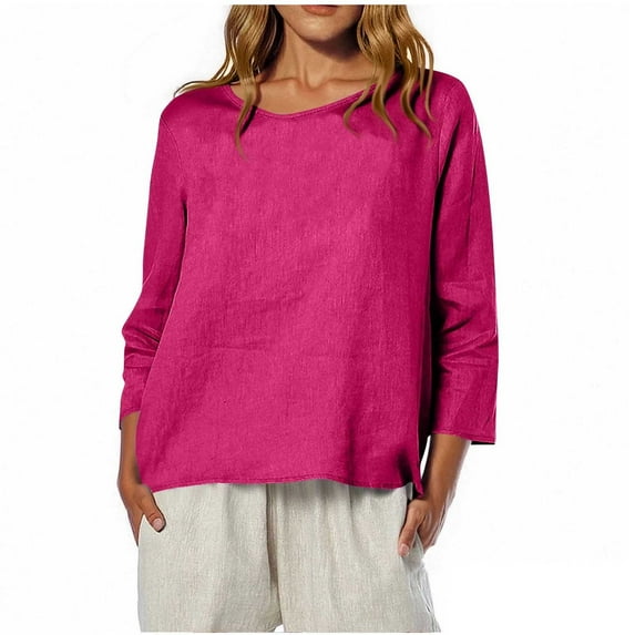 biudgviw 3/4 Sleeve Tops for Women Lightweight Crew Neck Linend Pullover Shirts Casual Loose Classic Blouses Fall Trendy Outfits
