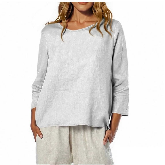 biudgviw 3/4 Sleeve Tops for Women Lightweight Crew Neck Linend Pullover Shirts Casual Loose Classic Blouses Fall Trendy Outfits