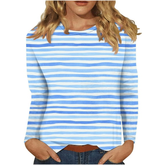 biudgviw 3/4 Sleeve Tops for Women Striped Crew Neck Plus Size Casual T Shirts Fall Blouses Loose Fit Lightweight Tunic Tops