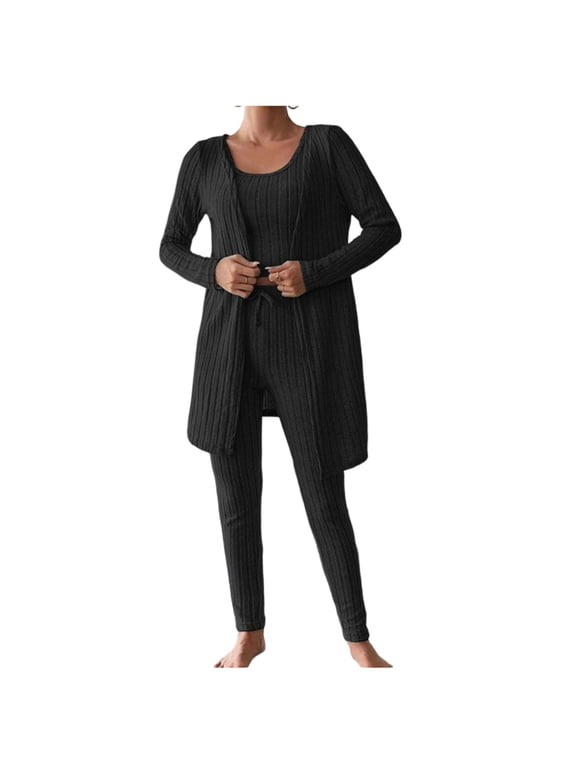 3 Piece Pajama Set for Women Ribbed Knit Long Sleeve Cardigan Comfy Soft Crew Neck Crop Tops with Leggings Sleepwear Set