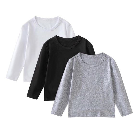 biudgviw 3PC Boys Girls Long Sleeve Shirts Toddler Kids Crew Neck Soft Cotton Tops Classic Casual Loose Basic Tees Fall Outfits