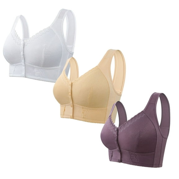 biudgviw 3pc Front Closure Bras for Women Wirefree Low Impact Full Coverage Bras Wireless Plus Size T-Shirt Bralettes
