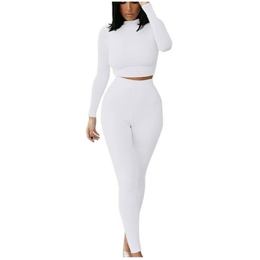 biudgviw Athletic Outfits for Women Skinny Long Sleeve Round Neck Crop Tops Soft Seamless Jogger Gym Legging 2 Piece Workout Sets