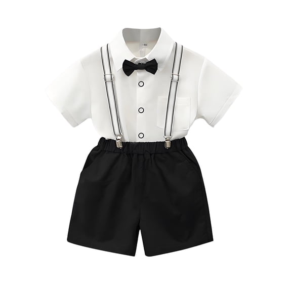 biudgviw Baby Boys Gentleman Suit Toddler Kids Lapel Short Sleeve Shirts Bow Tie Suspender and Shorts Matching Set Four Piece Dress Set