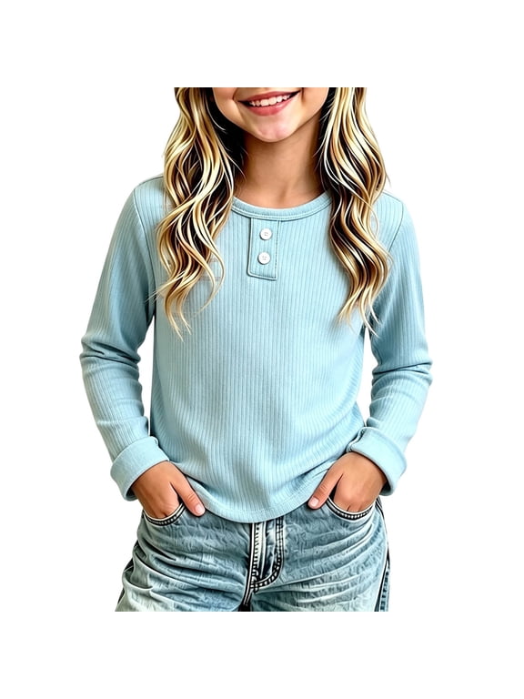 Baby Clothes Boys Girls Long Sleeve Shirts Comfy Soft Knit Basic Tees Kids Casual Buttons Crewneck Undershirt(Sky Blue,3-4 Years)