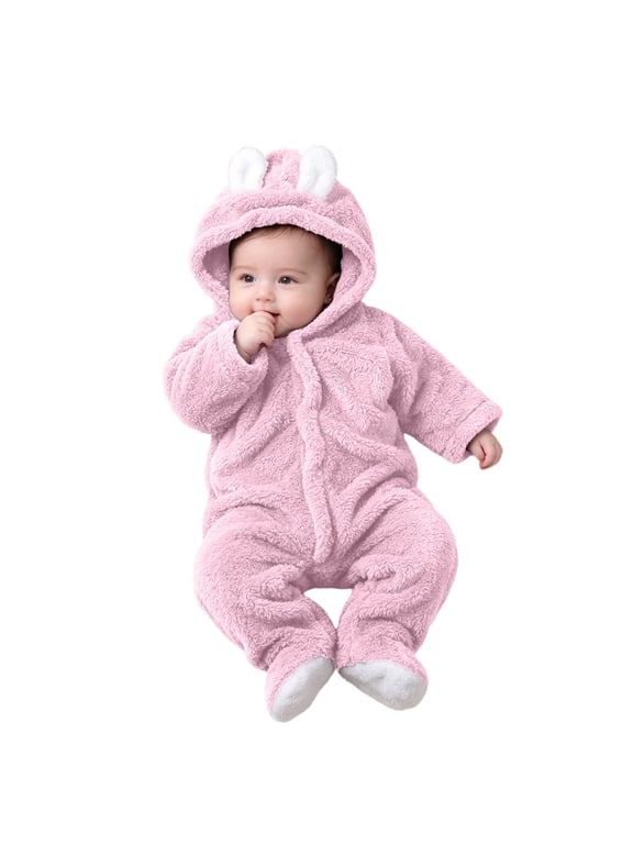 Baby Fleece Snowsuits Warm Long Sleeve Footies Jumpsuit Infant Boys Girls Hooded Rompers Newborn Winter Clothes(Pink,9-12 Months)