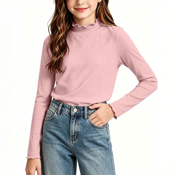 biudgviw Baby Girls Tops Casual Long Sleeve Shirts Toddler Kids Cute Ruffle Mock Neck Basic Tees Comfortable Undershirt(Pink,5-6 Years)