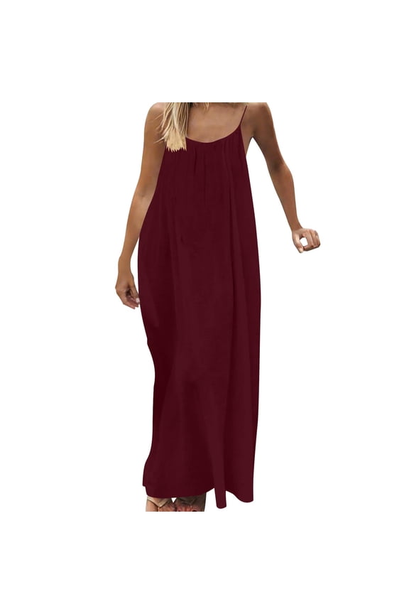 Backless Cami Dresses for Women Sleeveless Split Maxi Dress Casual Crewneck Flowy Swing Sundresses with Back Tie Vacation Clothes