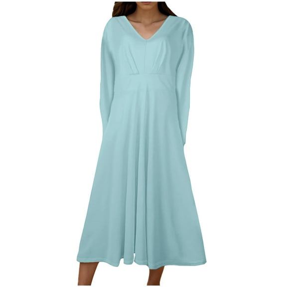 biudgviw Beach Dresses for Women Casual Long Sleeve V Neck T-Shirts Dress Fall Lounge Flowy Solid Color Midi Dress