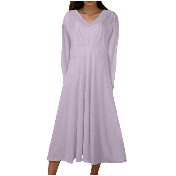 biudgviw Beach Dresses for Women Casual Long Sleeve V Neck T-Shirts Dress Fall Lounge Flowy Solid Color Midi Dress