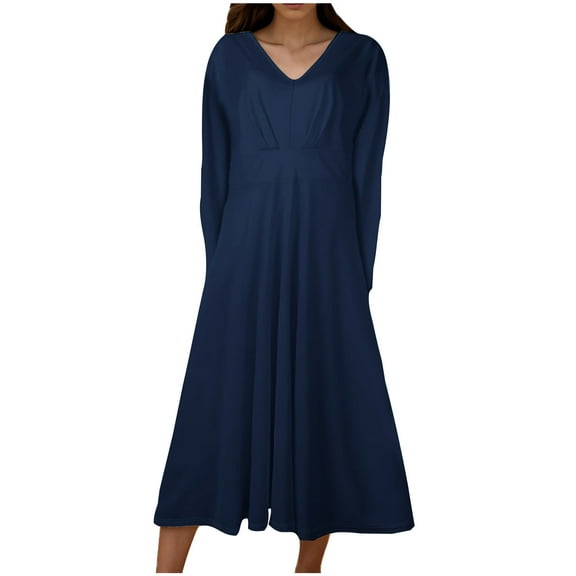 biudgviw Beach Dresses for Women Casual Long Sleeve V Neck T-Shirts Dress Fall Lounge Flowy Solid Color Midi Dress