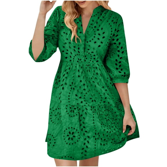 biudgviw Beach Dresses for Women Loose V Neck 3/4 Sleeve Hollow out Mini Dress Fall Comfy Tiered Lounge Vacation Dress