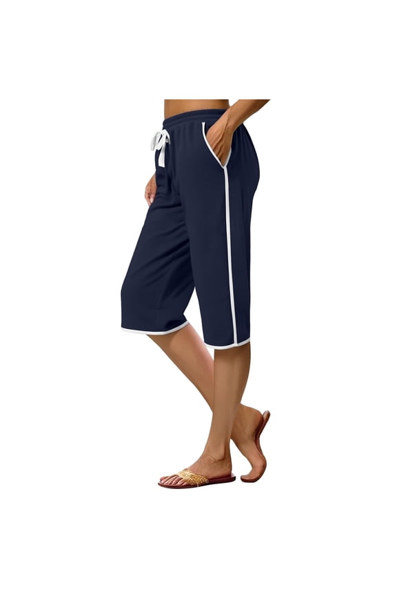 Bermuda Shorts for Women Color Block Elastic Waist Shorts Casual Drawstring Knee Length Shorts Summer Clothes