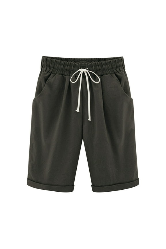 Bermuda Shorts for Women Cotton Linen Casual Elastic Waist Shorts Drawstring Knee Length Shorts for Beach Travel with Pockets