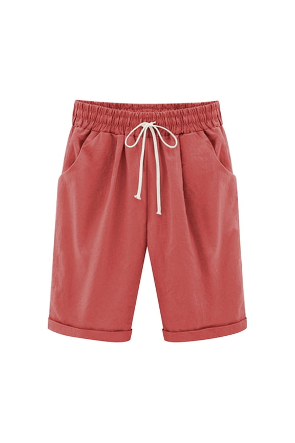 Bermuda Shorts for Women Cotton Linen Casual Elastic Waist Shorts Drawstring Knee Length Shorts for Beach Travel with Pockets
