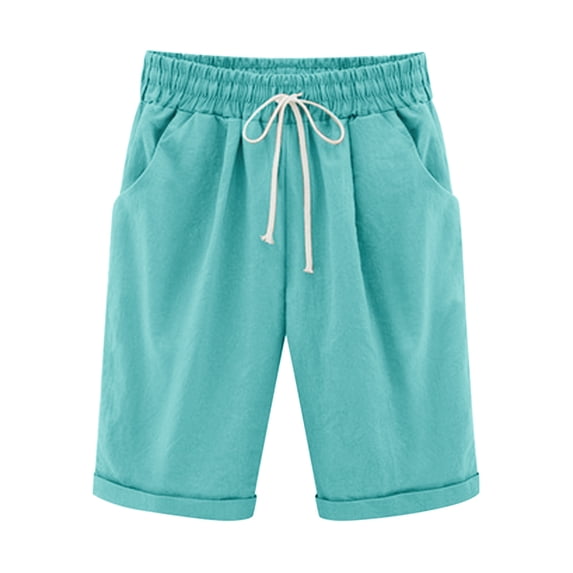 biudgviw Bermuda Shorts for Women Cotton Linen Casual Elastic Waist Shorts Drawstring Knee Length Shorts for Beach Travel with Pockets