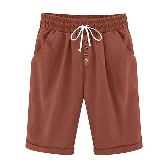 biudgviw Bermuda Shorts for Women Elastic Waisted Casual Knee Length Bottoms Drawstring Cuffed Hem Linen Shorts for Beach Vacation