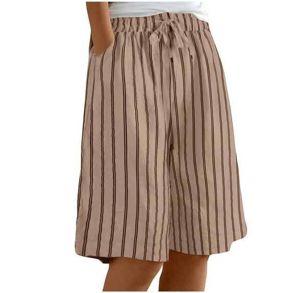 biudgviw Bermuda Shorts for Women High Waist Elastic Drawstring Knee-Length Straight Wide Leg Striped Long Shorts with Pocket