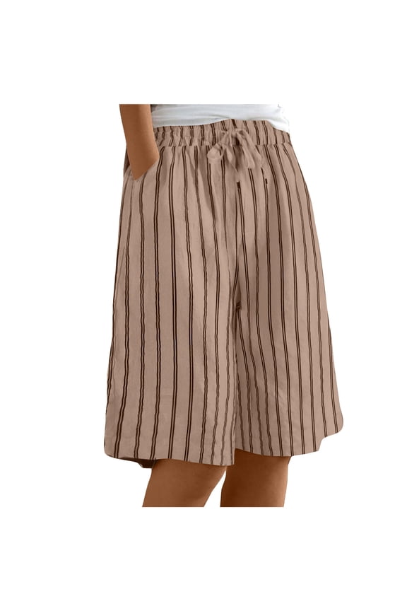 Bermuda Shorts for Women High Waist Elastic Drawstring Knee-Length Straight Wide Leg Striped Long Shorts with Pocket