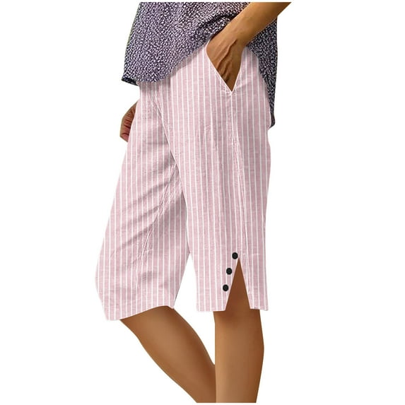 biudgviw Bermuda Shorts for Women High Waisted Striped Travel Knee Length Linen Shorts Lightweight Beach Vacation Bottoms with Pockets
