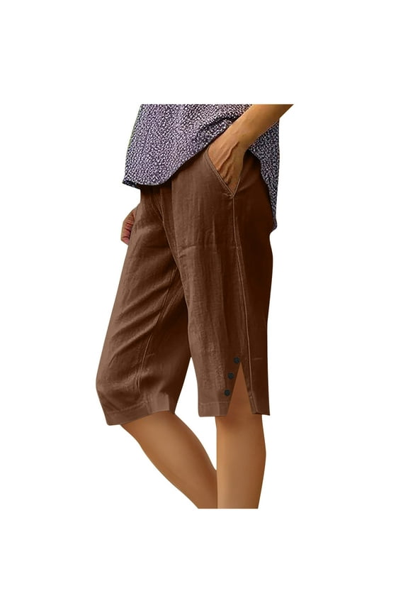Bermuda Shorts for Women Side Slit Knee Length Shorts High Waisted Straight Leg Cotton Linen Shorts with Pockets