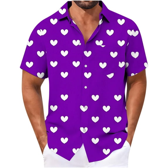 biudgviw Big and Tall Hawaiian Shirts for Men Valentines Day Heart Print Short Sleeve Tees Lapel Button Down Casual Graphic Top with Pocket