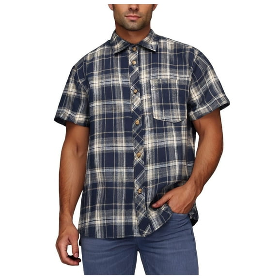 biudgviw Big and Tall Mens Button Down Shirt Plaid Short Sleeve Tops Fashion Lapel Casual Loose Fit T-Shirts Streetwear