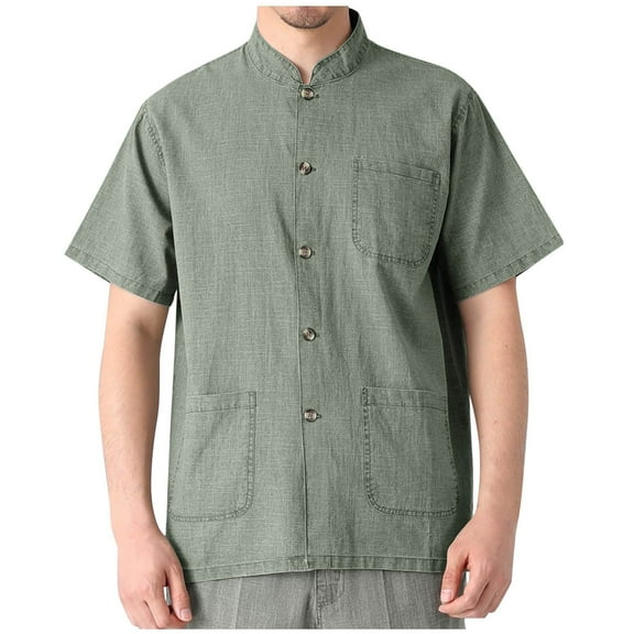 biudgviw Big and Tall T Shirts for Men Stand Collar Short Sleeve Tops Cotton Linen Soft Button Down Shirts with Pockets