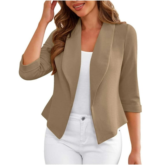biudgviw Blazers for Women Business Casual 3/4 Sleeve Open Front Cropped Cardigan Notch Collar Work Office Jacket Trendy Fall Outfits