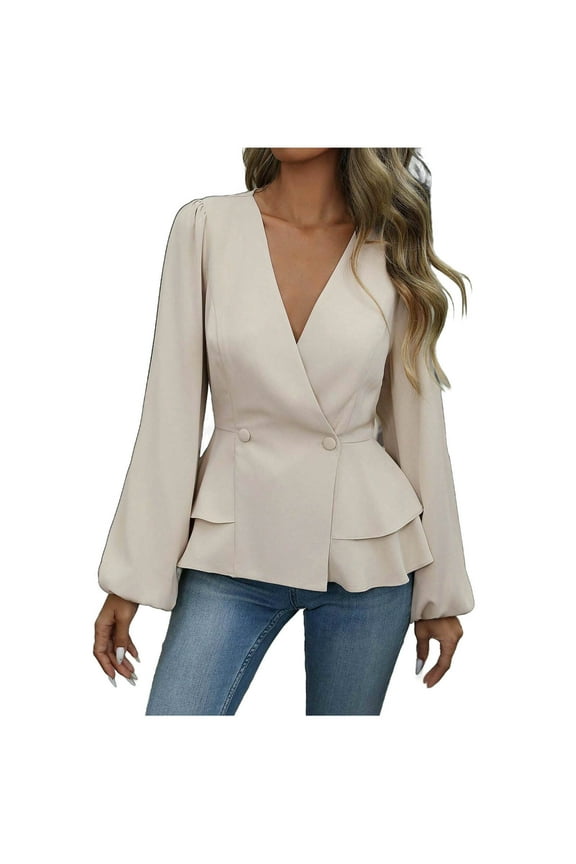 Blouses for Women Business Casual Wrap V Neck Peplum Tops Button Long Sleeve Formal Work Shirts Fall Elegant Clothes