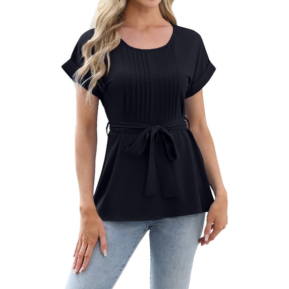 biudgviw Blouses for Women Dressy Casual Belted Short Sleeve Shirts Pleated Crewneck Business Work Peplum Top Fashion Clothing