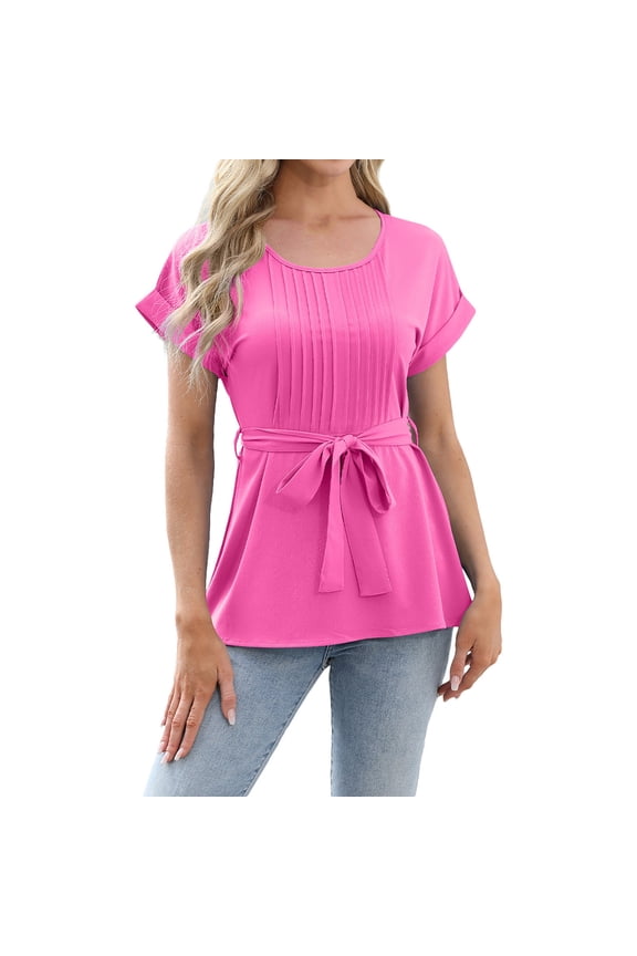 Blouses for Women Dressy Casual Belted Short Sleeve Shirts Pleated Crewneck Business Work Peplum Top Fashion Clothing