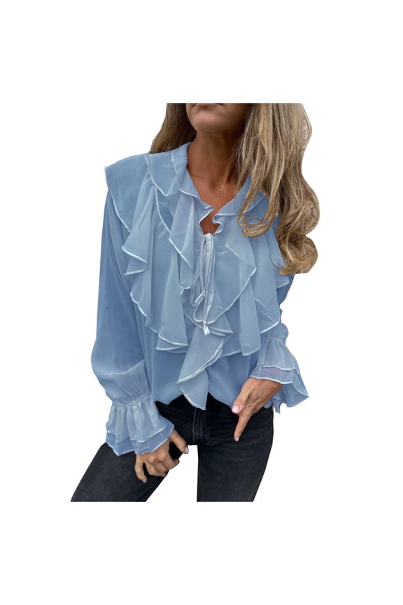 Blouses for Women Dressy Casual Long Sleeve V Neck Ruffles Tops Flowy Lightweight Tie Front Chiffon Shirts for Travel Vacation