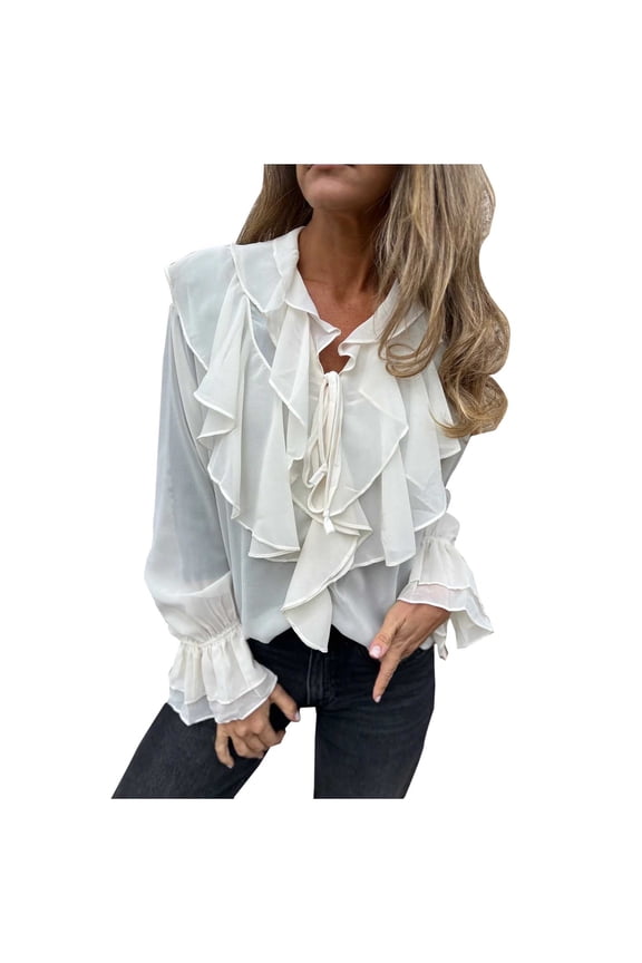 Blouses for Women Dressy Casual Long Sleeve V Neck Ruffles Tops Flowy Lightweight Tie Front Chiffon Shirts for Travel Vacation