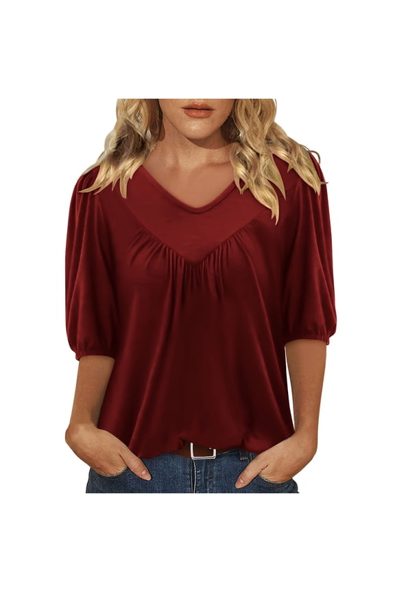 Blouses for Women Dressy Casual V Neck Work Tunic Tops Elegant Pleated Half Sleeve Loose Fit T Shirt Spring Summer Clothes