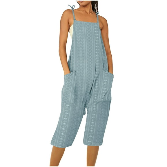 biudgviw Boho Jumpsuits for Women Adjustable Spaghetti Strap Summer Beach Rompers Sleeveless Ribbed Outfits with Pockets