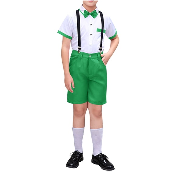 biudgviw Boys Formal Suit Set Children Short Sleeve Button Down Shirt with Bowtie Suspender Shorts Set Wedding Party Outfits