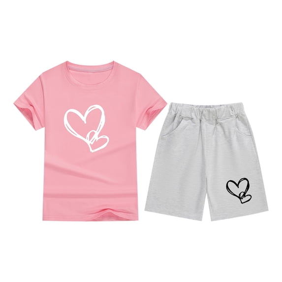 biudgviw Boys Girls 2 Piece Clothing Set Toddler Kids Heart Print Short Sleeve Crewneck Tops with Elastic Waist Shorts Set Summer Outfits