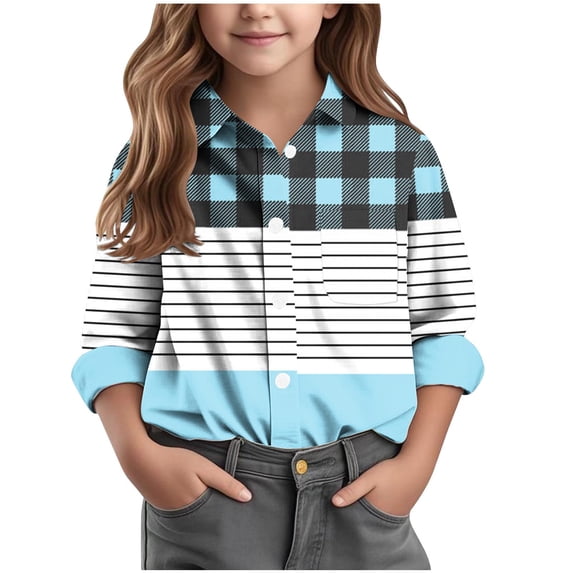 biudgviw Boys Girls Button Down Plaid Shirts Toddler Striped Lapel Long Sleeve Tops Fall Fashion Casual Kids Jacket with Pocket
