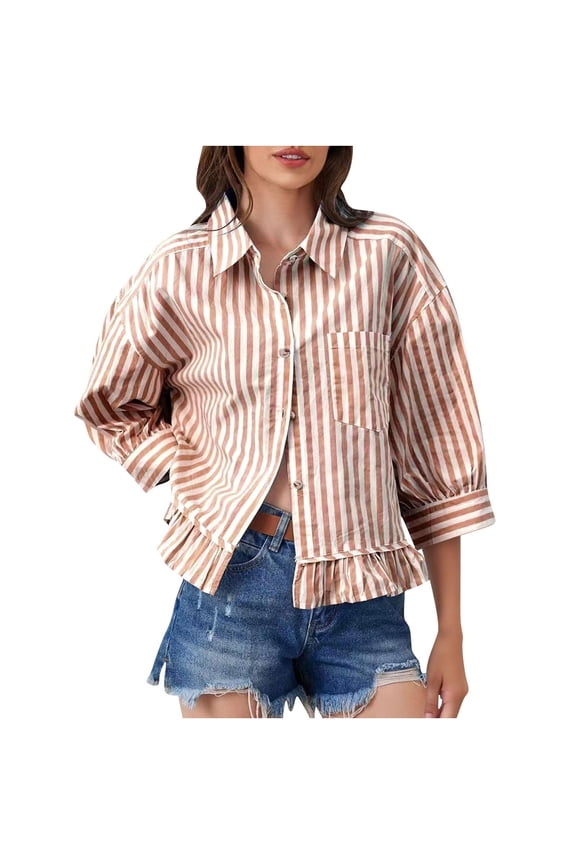 Button Down Shirts for Women 3/4 Sleeve Drop Shoulder Striped Shirts Loose Fit Ruffle Hem Lapel Blouses with Pocket