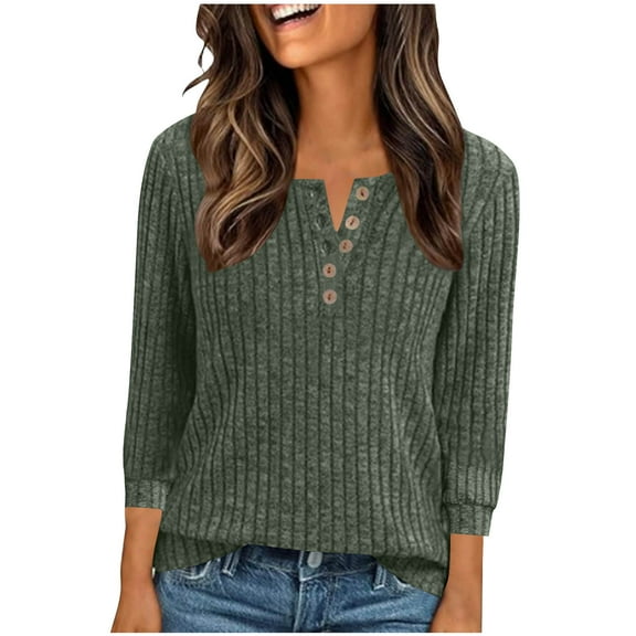 biudgviw Button Down Shirts for Women 3/4 Sleeve Ribbed Knit Pullover Sweaters Casual Comfy Crew Neck Fall Tops Lightweight Fashion Clothes