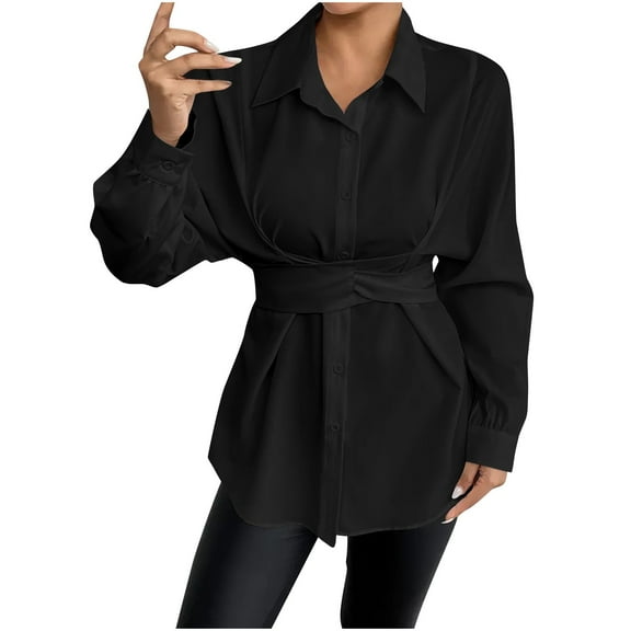 biudgviw Button down Shirts for Women Turndown Collar Back Tie Waisted Dressy Business Blouses Long Sleeve Work Office Tops