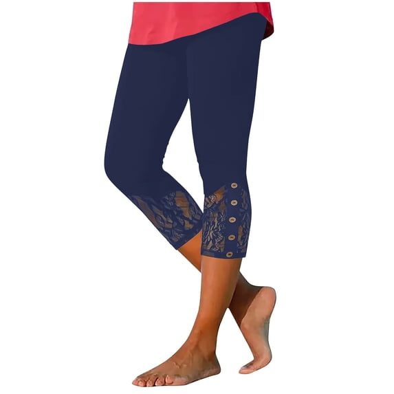 biudgviw Capri Leggings for Women High Waisted Button Stretch Lace Hem Yoga Leggings Workout Cropped Leggings Lounge Capri Pants