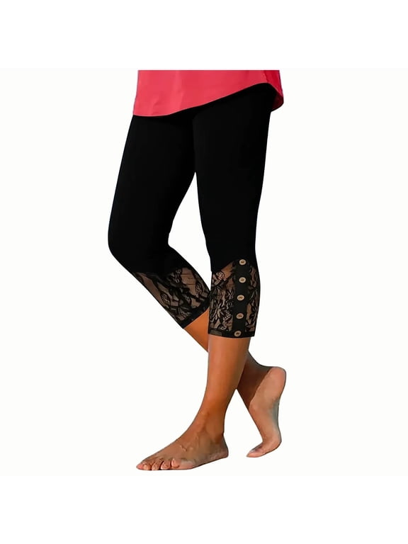 Capri Leggings for Women High Waisted Button Stretch Lace Hem Yoga Leggings Workout Cropped Leggings Lounge Capri Pants