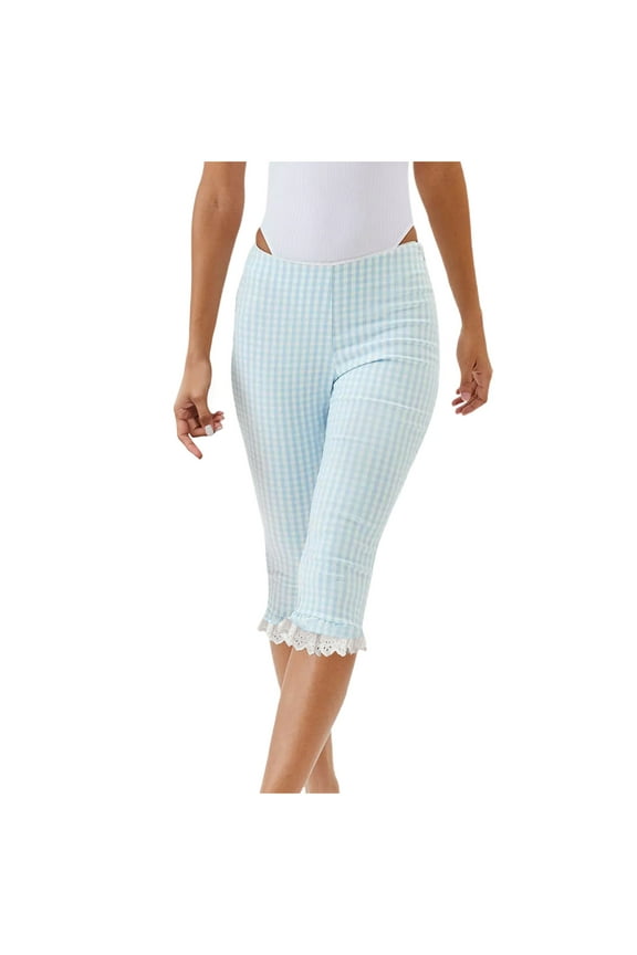 Capri Leggings for Women Lace Trim Plaid Cropped Pants Ruffled Hem Casual Lightweight Tight Summer Trendy Clothes