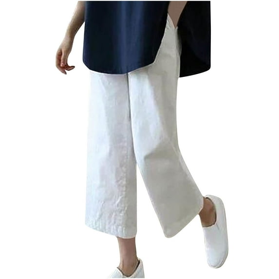 biudgviw Capri Pants for Women Cotton Linen Lounge Wide Leg Loose Cropped Trousers with Pockets Fall Baggy Wide Leg Palazzo Pants